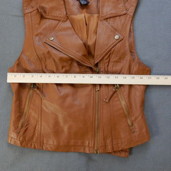 Wet Seal Womens Vest XL Brown Moto Pleather Vegan Faux Leather Studded Zip Snap - Picture 7 of 10